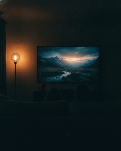 Movie night in a dim living room